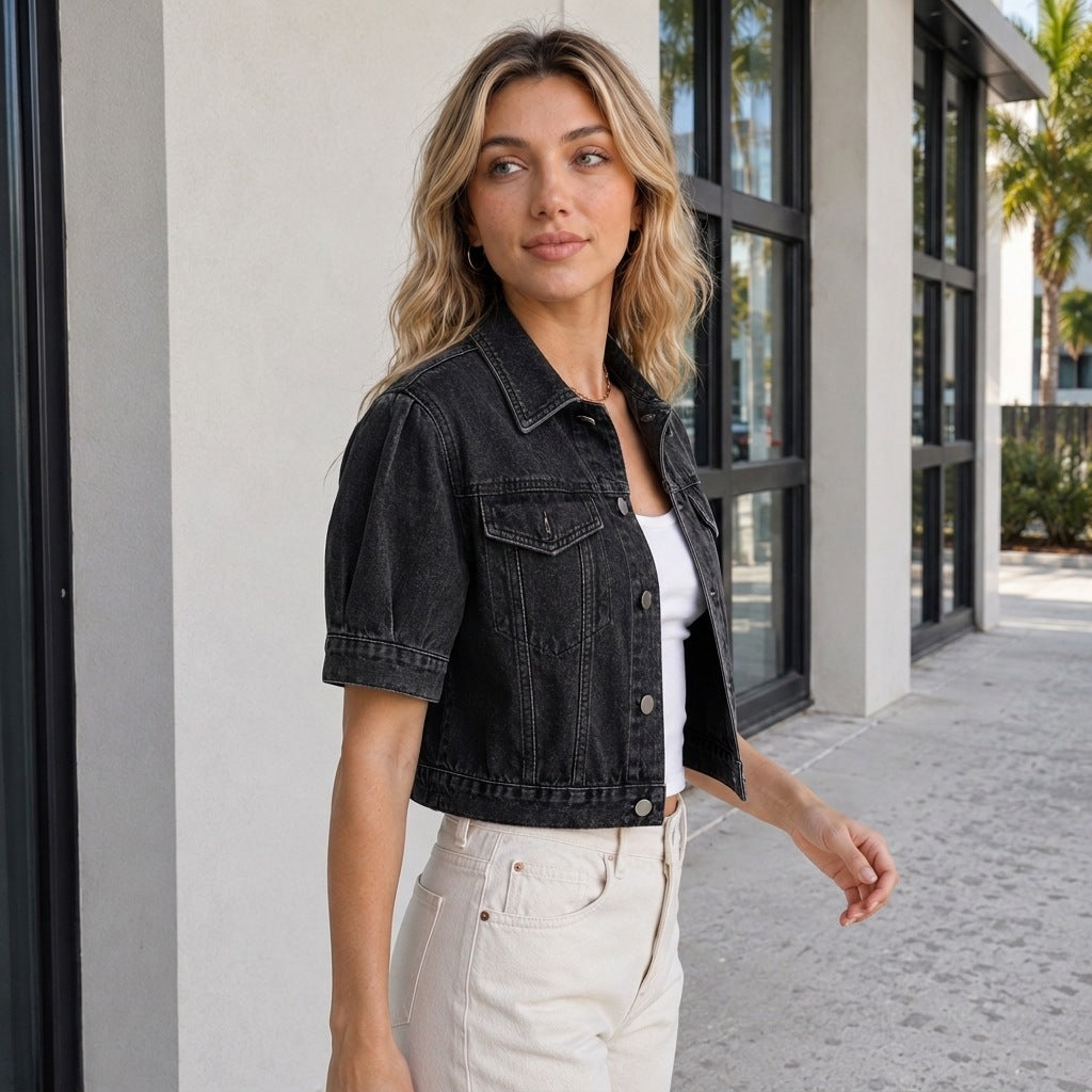 Collared Bubble Sleeve Single Breasted Pocket Design Washed Denim Short Sleeve Jacket Women