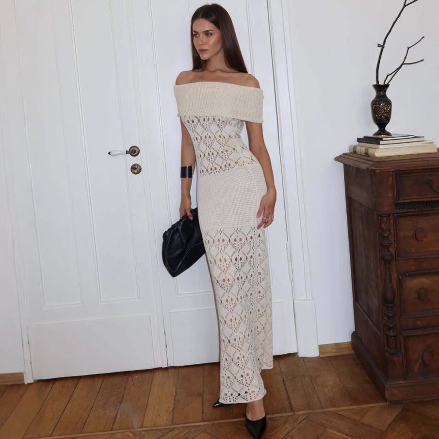 Off Shoulder Hollow Out Cutout Dress Women Summer Waist Hip Knitwear Maxi Dress Women