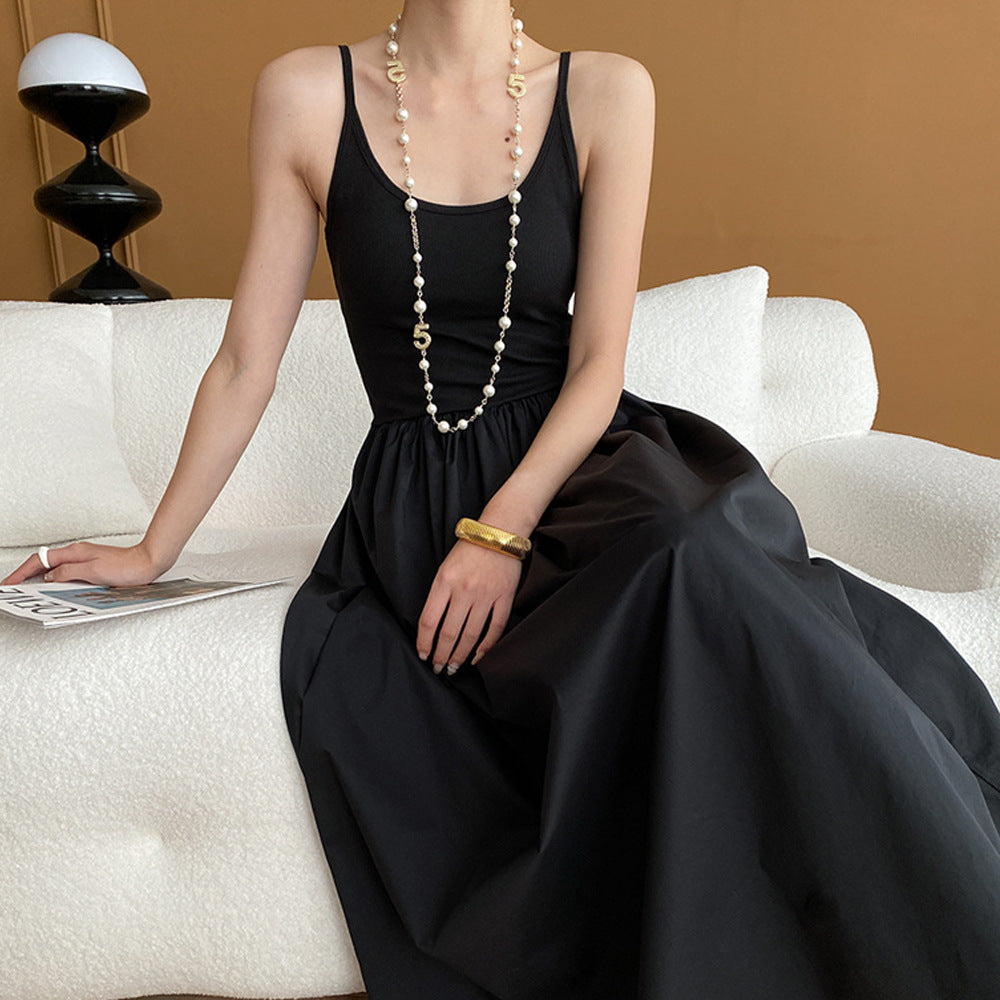 French Black High Grade Camisole Dress Summer High Waist Inner Wear A Line Dress Women