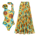 Women’s Sunflower Print One Piece Swimsuit Boho Asymmetric Tie