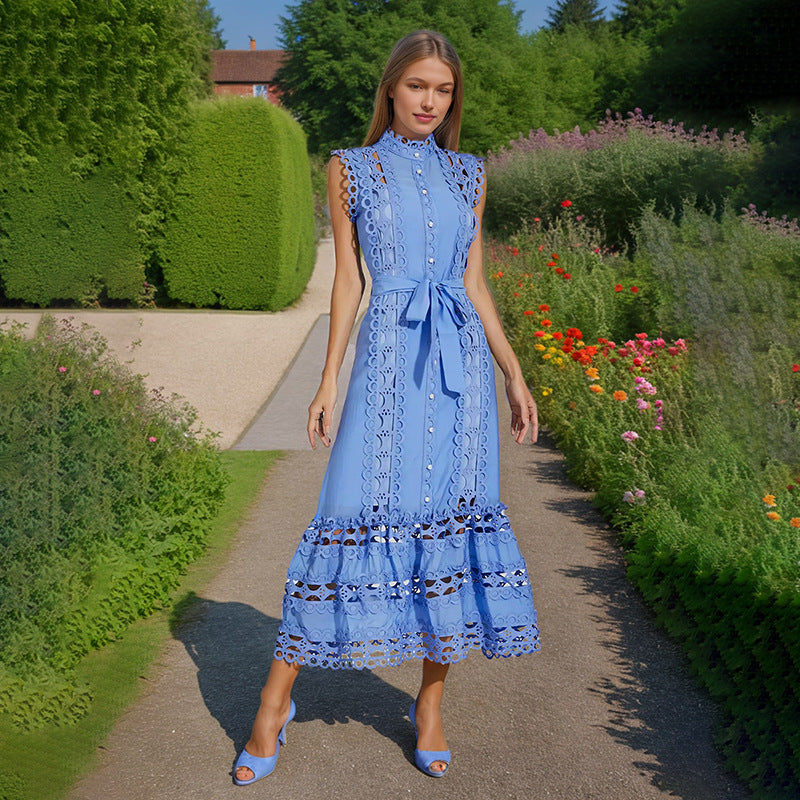 Embroidered High-Waist A-Line Dress