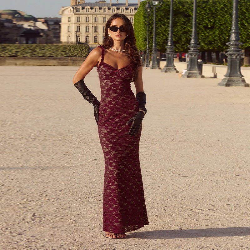 Women Lace Sling Maxi Dress Sexy Slim Lace Stitching Adult Lady Dress