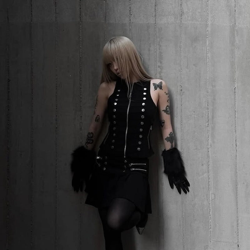 Dark Asian Culture Multi Metal Buckle Stand Collar Zipper Slim Fit Short Sexy Sleeveless Top for Women