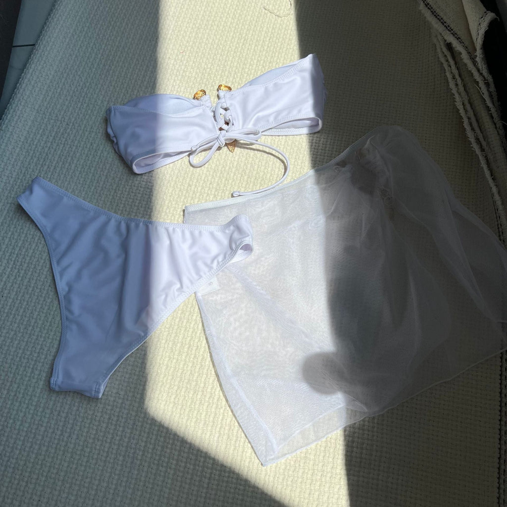 Sexy Solid Color Tube Top Three Piece Mesh Swimwear Swimsuit Bikini Bikini