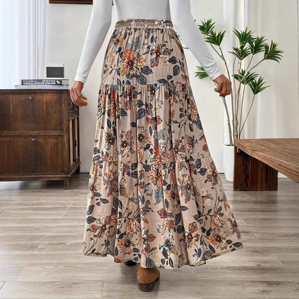 Printed Bohemian Asymmetric Midi Skirt in Peacock Green or Khaki