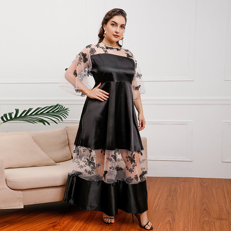 Plus Size French Royal Mesh Stitching Lace Girls Wearable Mid-Length Dress Ogen Mesh Banquet Dress