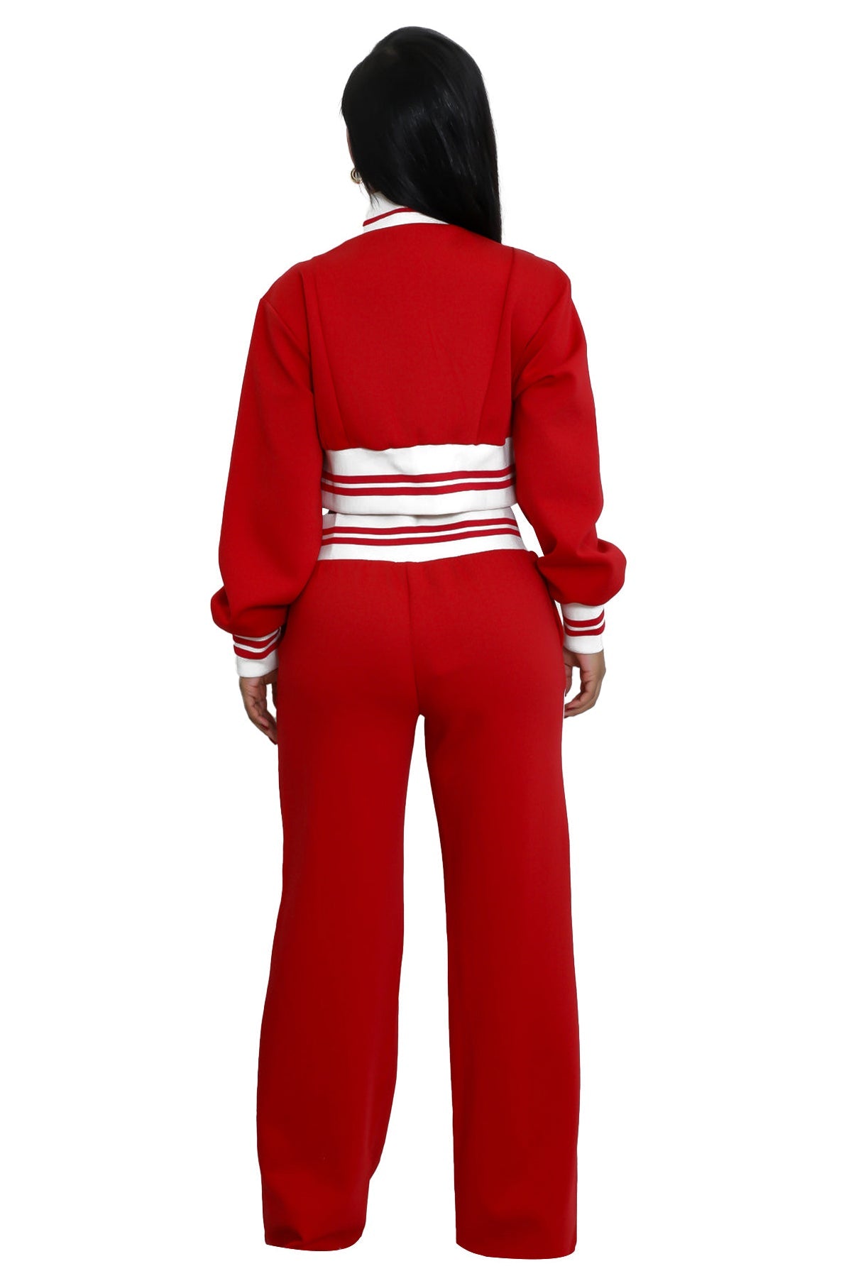Women's Knit Two Piece Pant Set | Crop Zip Jacket & Wide Leg