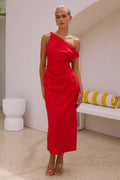 Spring Summer Solid Color Sloping Shoulder off the Shoulder Sexy Mid Length to Maxi Dress