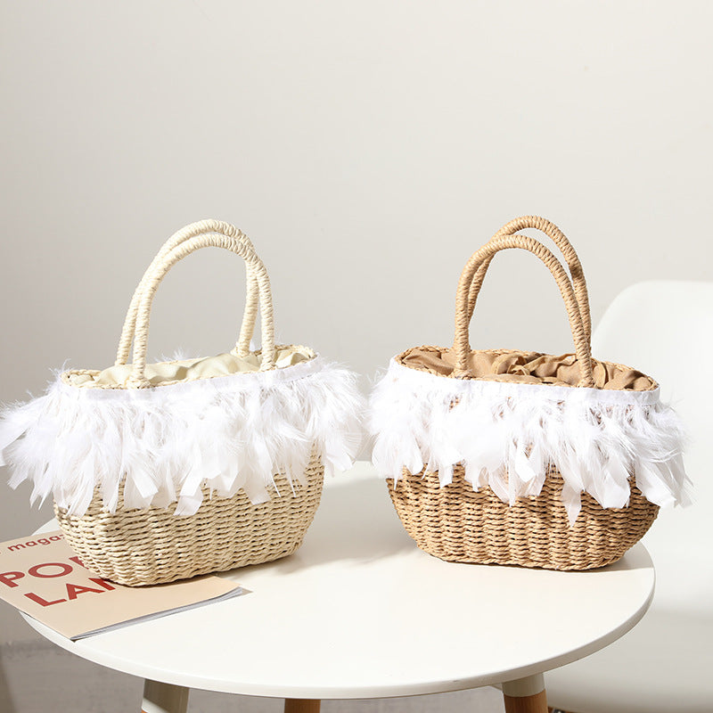 Whimsical Feather Trim Woven Straw Handbag for Vacation and Beach - Image 4