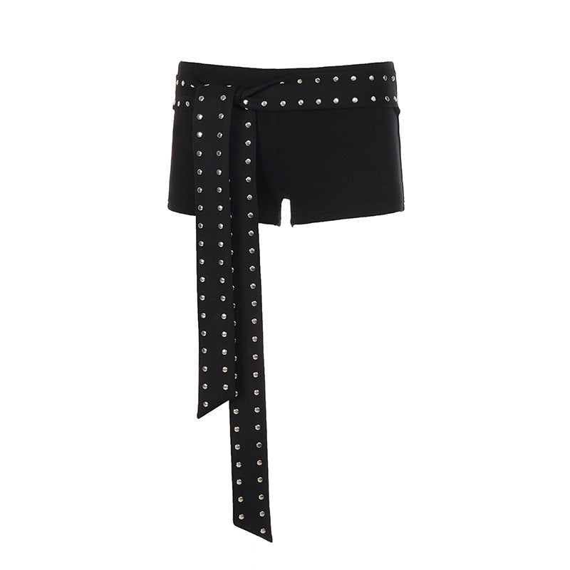 Street Dark Punk Decorative Rivets Bandage Design Low Waisted Shorts Casual Pants Girls