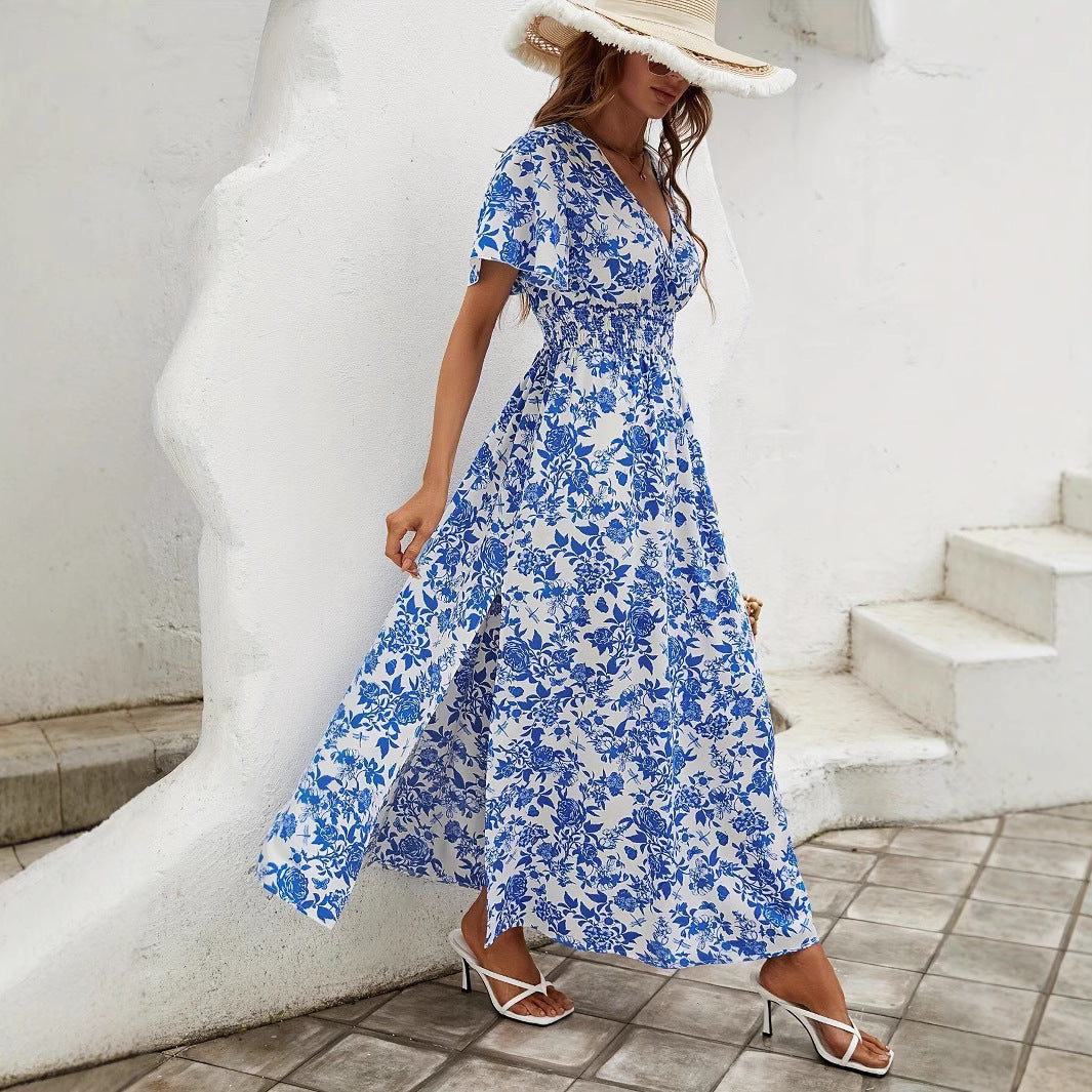Blue V-Neck Flounced Mid-Length Skirt
