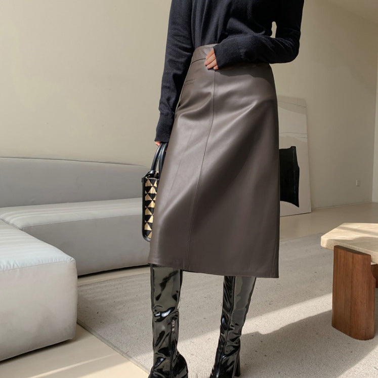 High Waist A-Line Leather Midi Skirt - Slimming Versatile Design