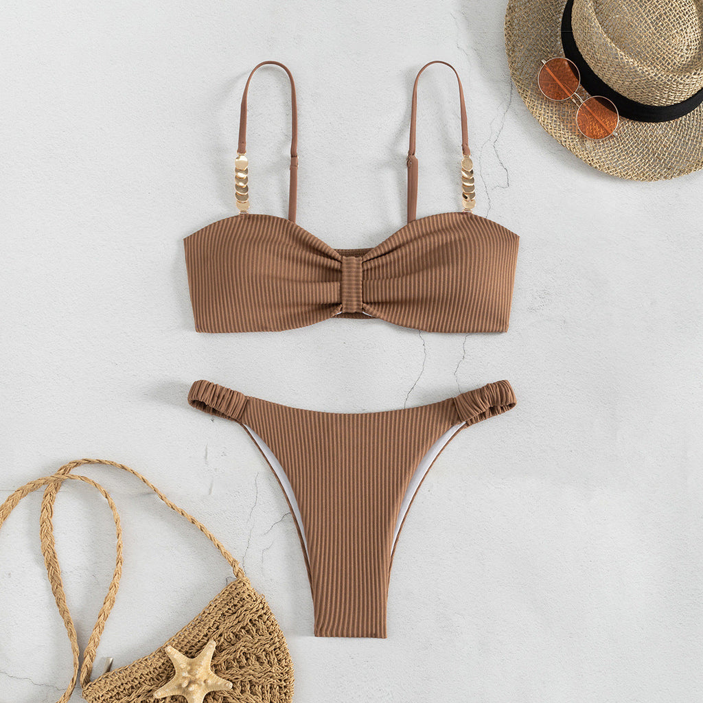 Solid Color Tube Top Hollow Out Cutout Beach Bikini Triangle Split Beach Swimsuit Swimsuit