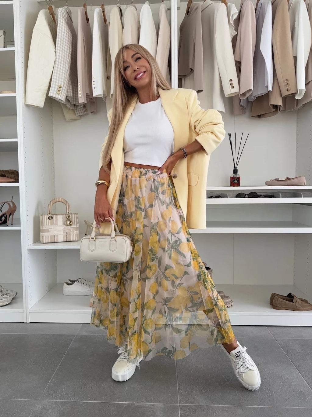Lemon Print Mesh Oversized Swing Skirt - Vacation Maxi Skirt