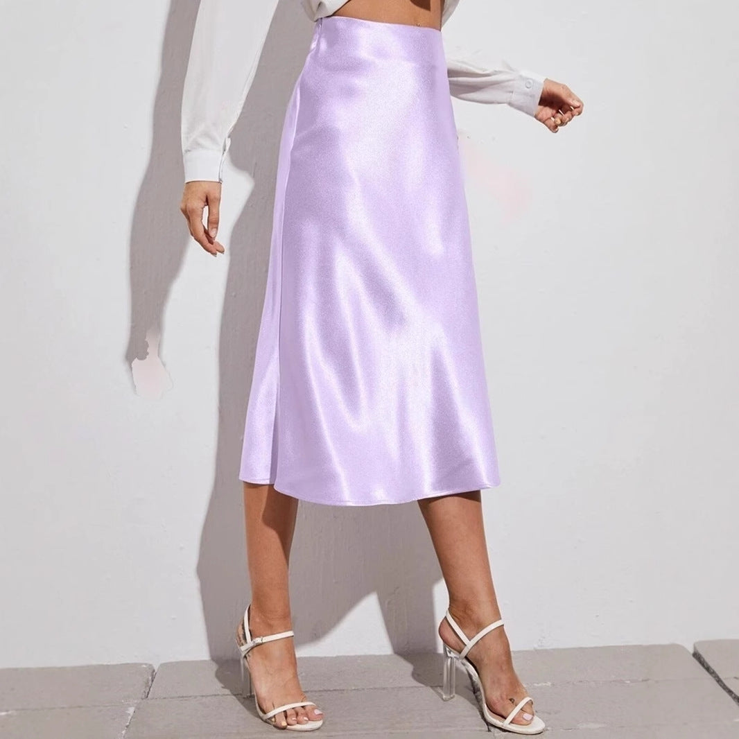 High Waist Satin Skirt Autumn Winter Women Midi Skirt Zipper Satin Skirt
