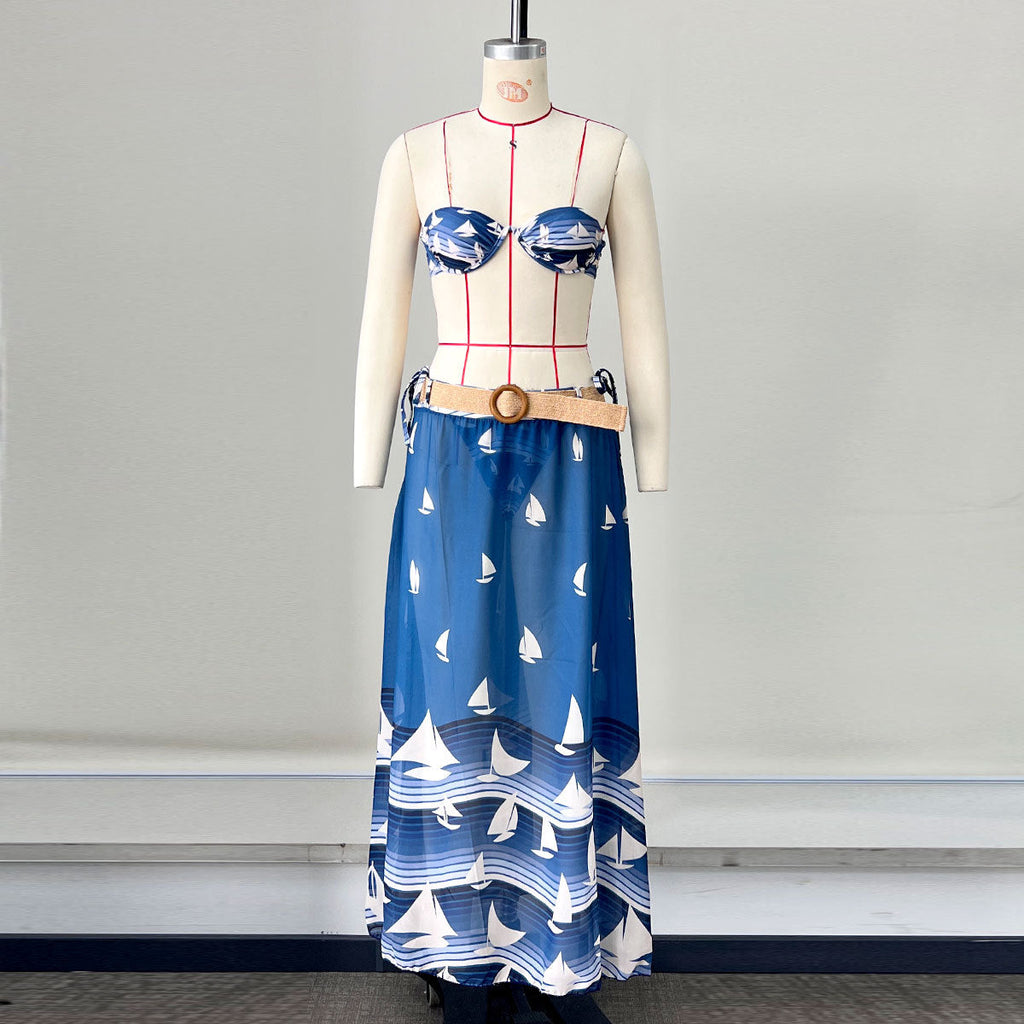 Printed Three-Piece Bikini Set with Tube Top and Banded Skirt