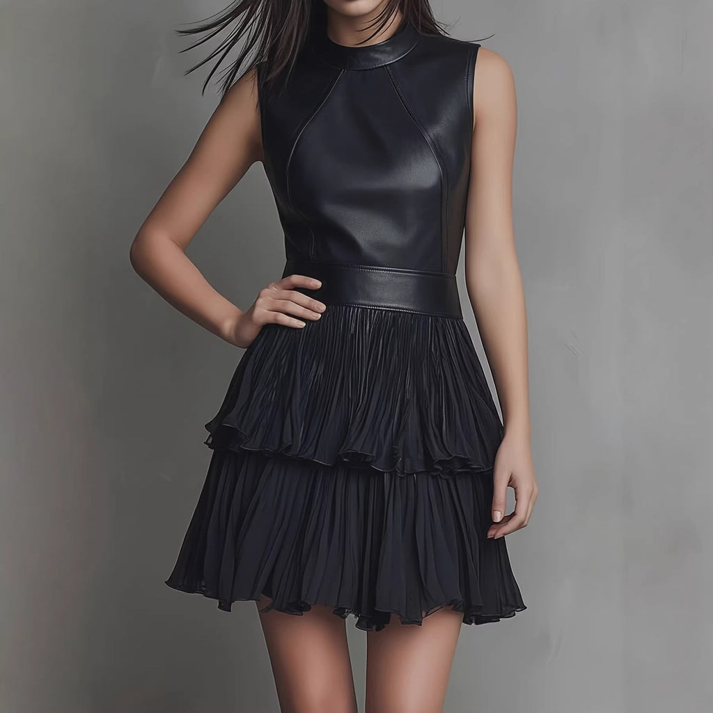 Dress Sexy Sleeveless Faux Leather Stitching Dress Elegant Double Layer Pleated Ruffled Dress