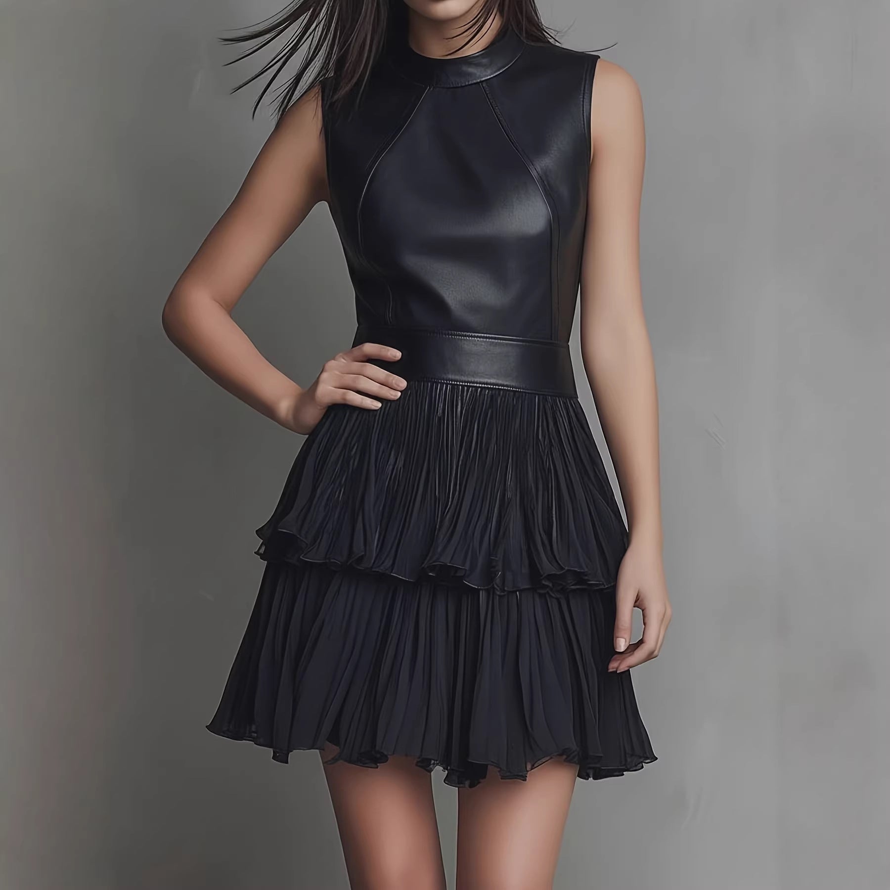 Dress Sexy Sleeveless Faux Leather Stitching Dress Elegant Double Layer Pleated Ruffled Dress
