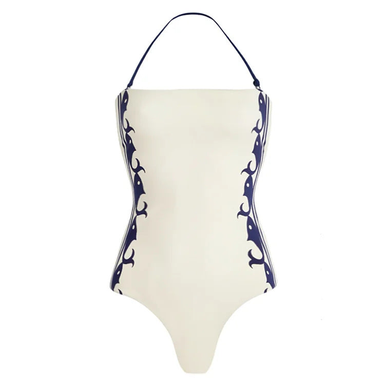 Navy Halter One Piece Swimsuit with Abstract Print Boho Design