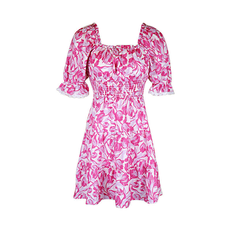 Summer A Line Puff Sleeve Women Short Sleeve Lace up Smocking Dress