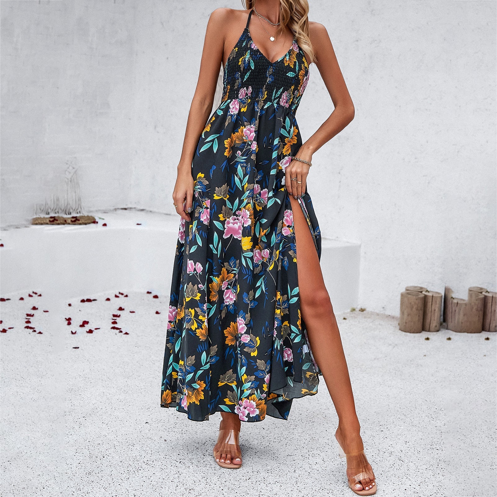 Women's Floral Print Maxi Slip Dress with High Slits - Image 3