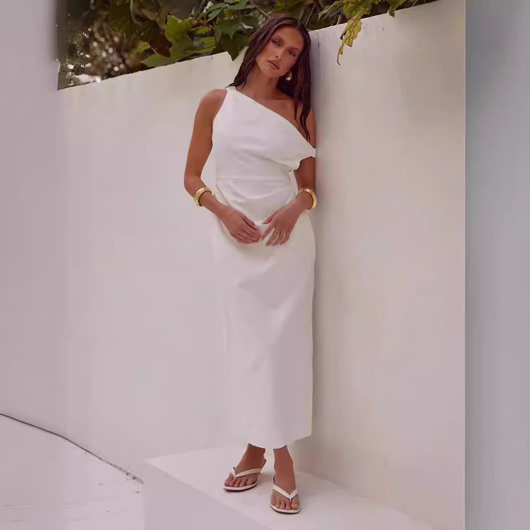 Spring Summer Solid Color Sloping Shoulder off the Shoulder Sexy Mid Length to Maxi Dress