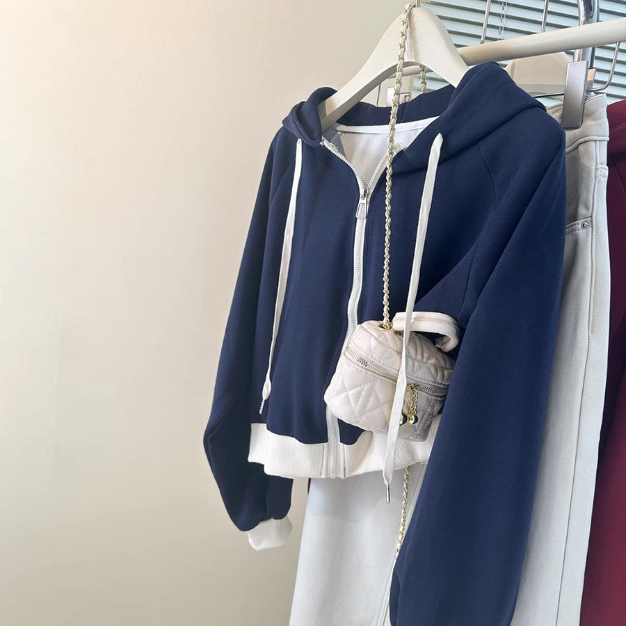 Women's Navy Blue & White Color-Blocked Cropped Hoodie - Image 2