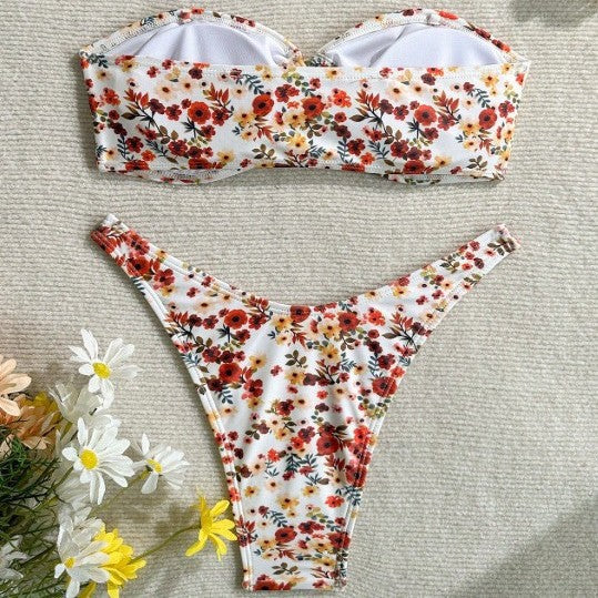 Women Spaghetti Strap Floral Tube Top Backless Bikini Set