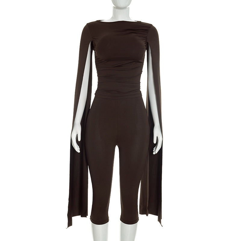Women Clothing Autumn Winter Solid Color Casual Sleeveless Ribbon Top Slim Cropped Trousers Set