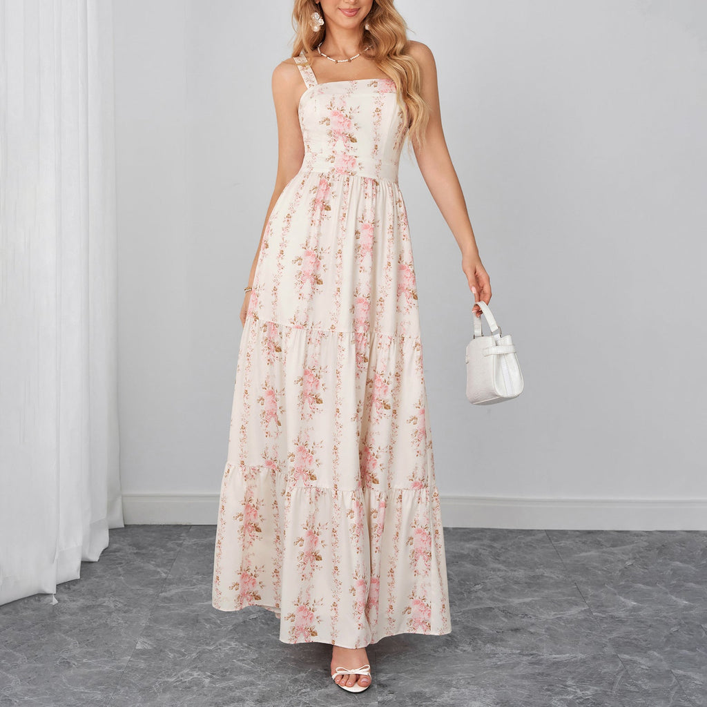 Summer Four Sided Stretch Printing Slip Dress Sexy Backless Bow Strap Dress
