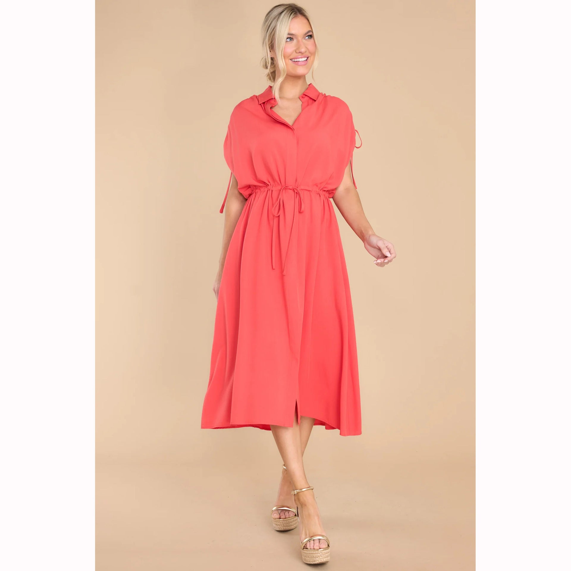 Trendy Summer Fitted Waist Turn down Collar Single Breasted Drawstring Dress
