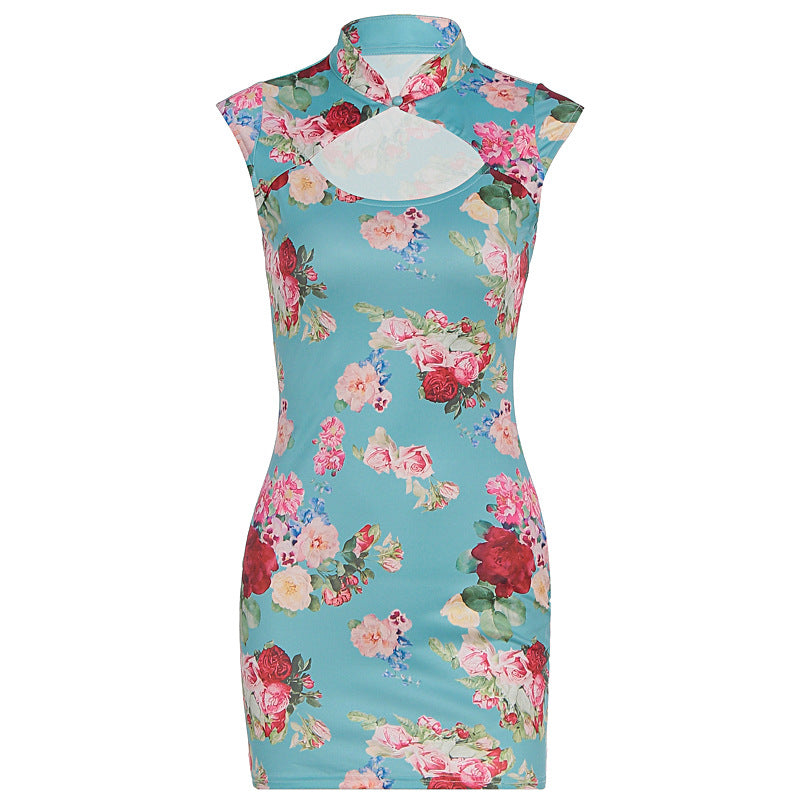 Satin Printed Short Dress Sexy Slim Fit Stand Collar Hollow Out Cutout out Waist Hip Dress