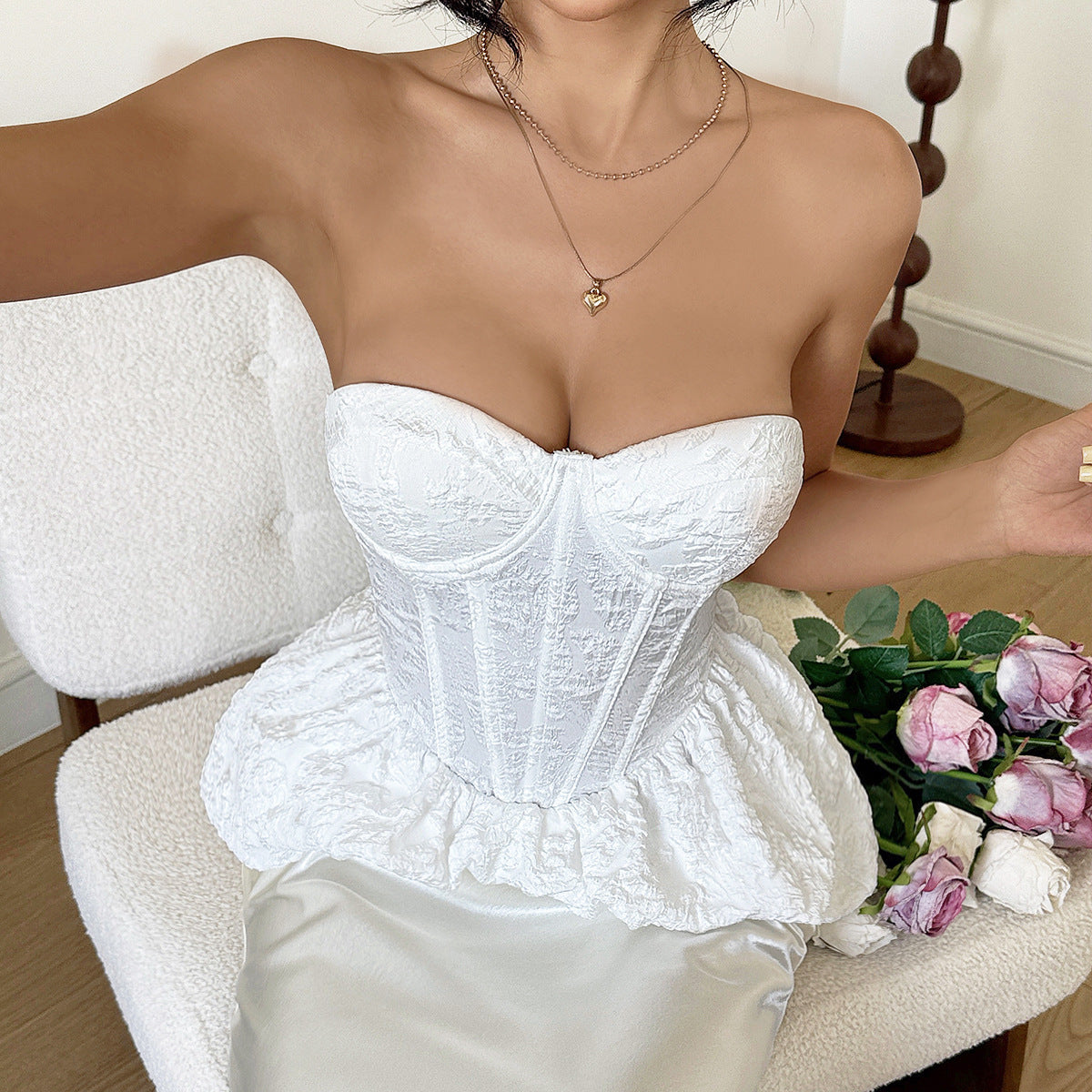 Summer Jacquard Solid Color Sexy Spicy Girl Boning Corset Chest Cotton Waist Tight Fishtail Hem Lace up Tube Top