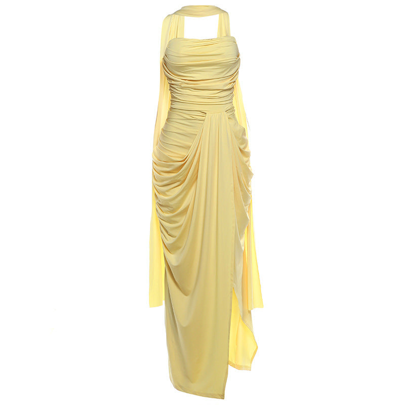 Graceful Ruched Tube Top Dress with Asymmetric Split Detail