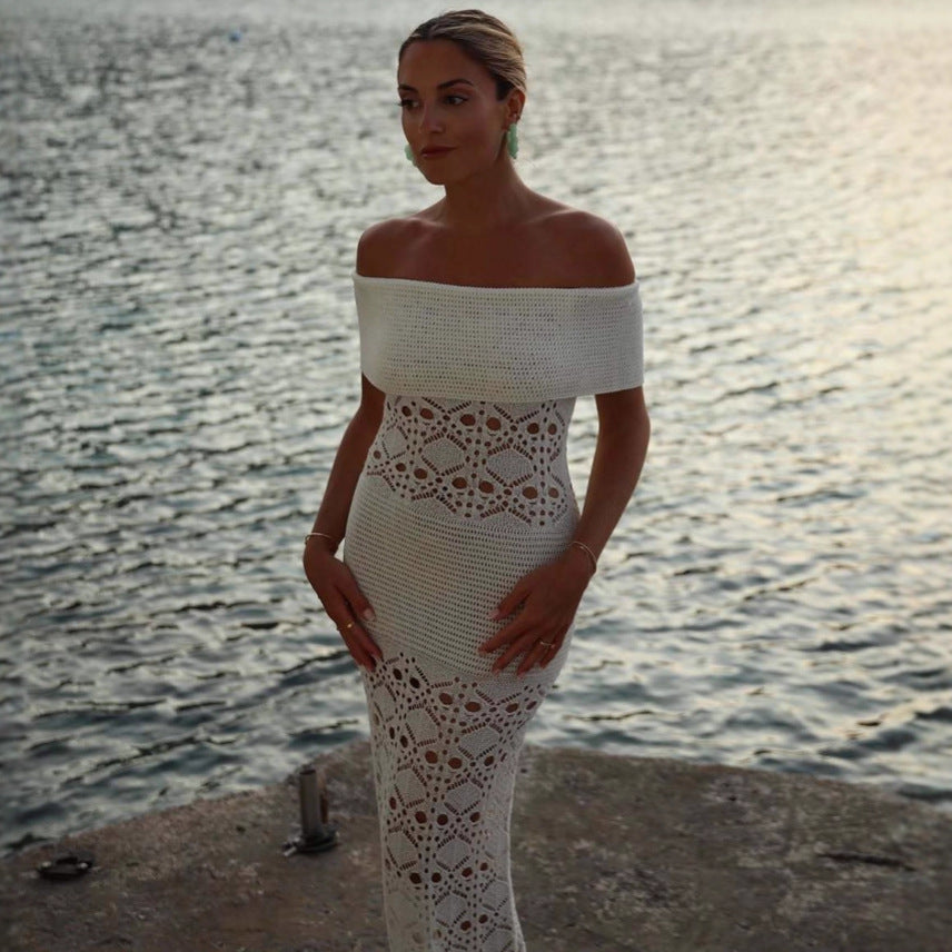 Off Shoulder Hollow Out Cutout Dress Women Summer Waist Hip Knitwear Maxi Dress Women