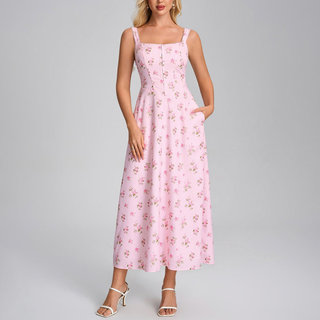 Summer Printing Slip Dress Sexy Square Collar Backless Lace up Slim Vacation Dress