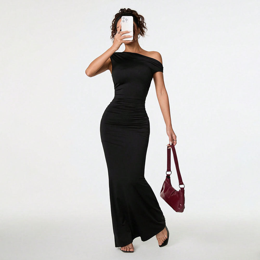 Women Clothing Sexy Socialite Dress Summer Off Shoulder Oblique Collar Black Formal Dress