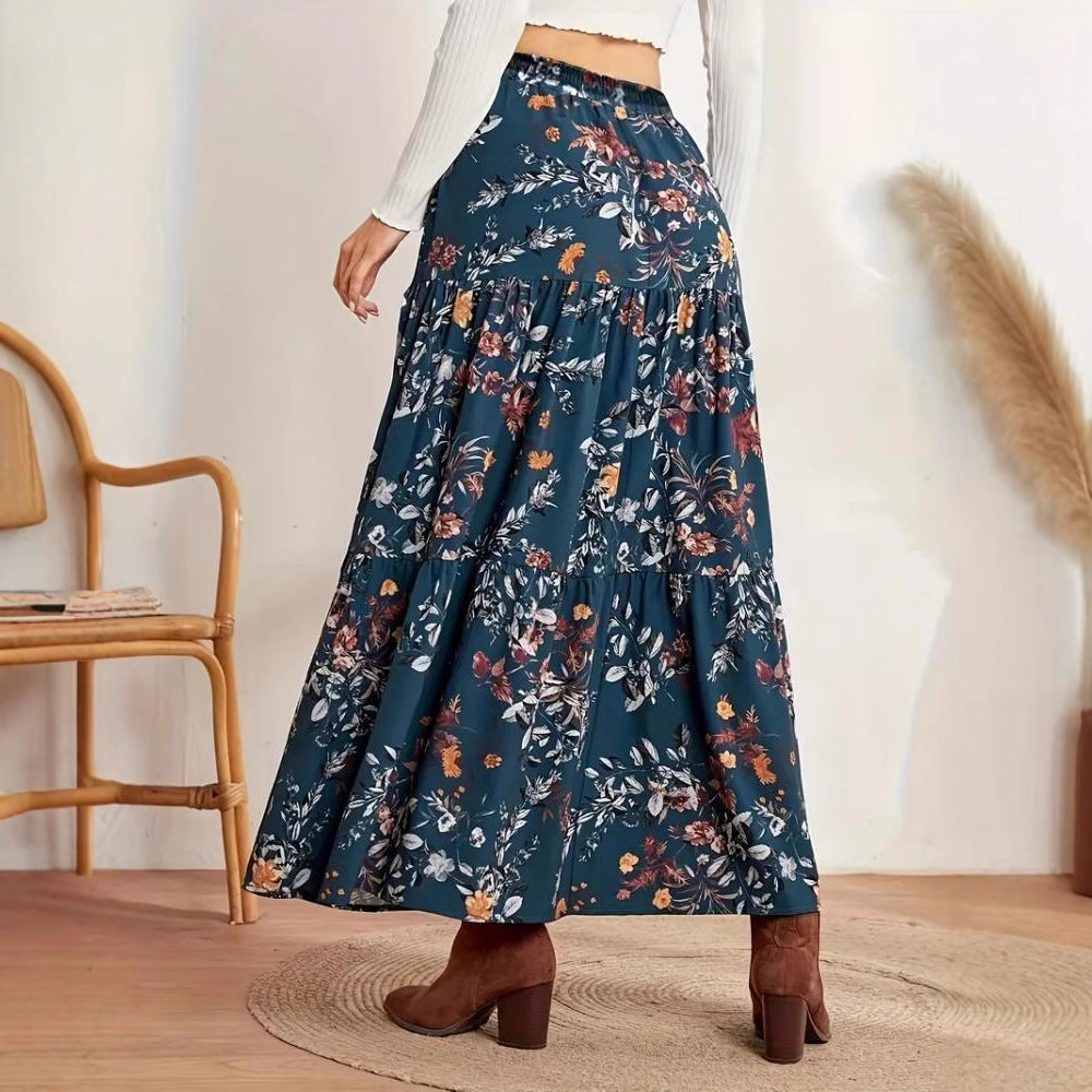 Printed Bohemian Asymmetric Midi Skirt in Peacock Green or Khaki