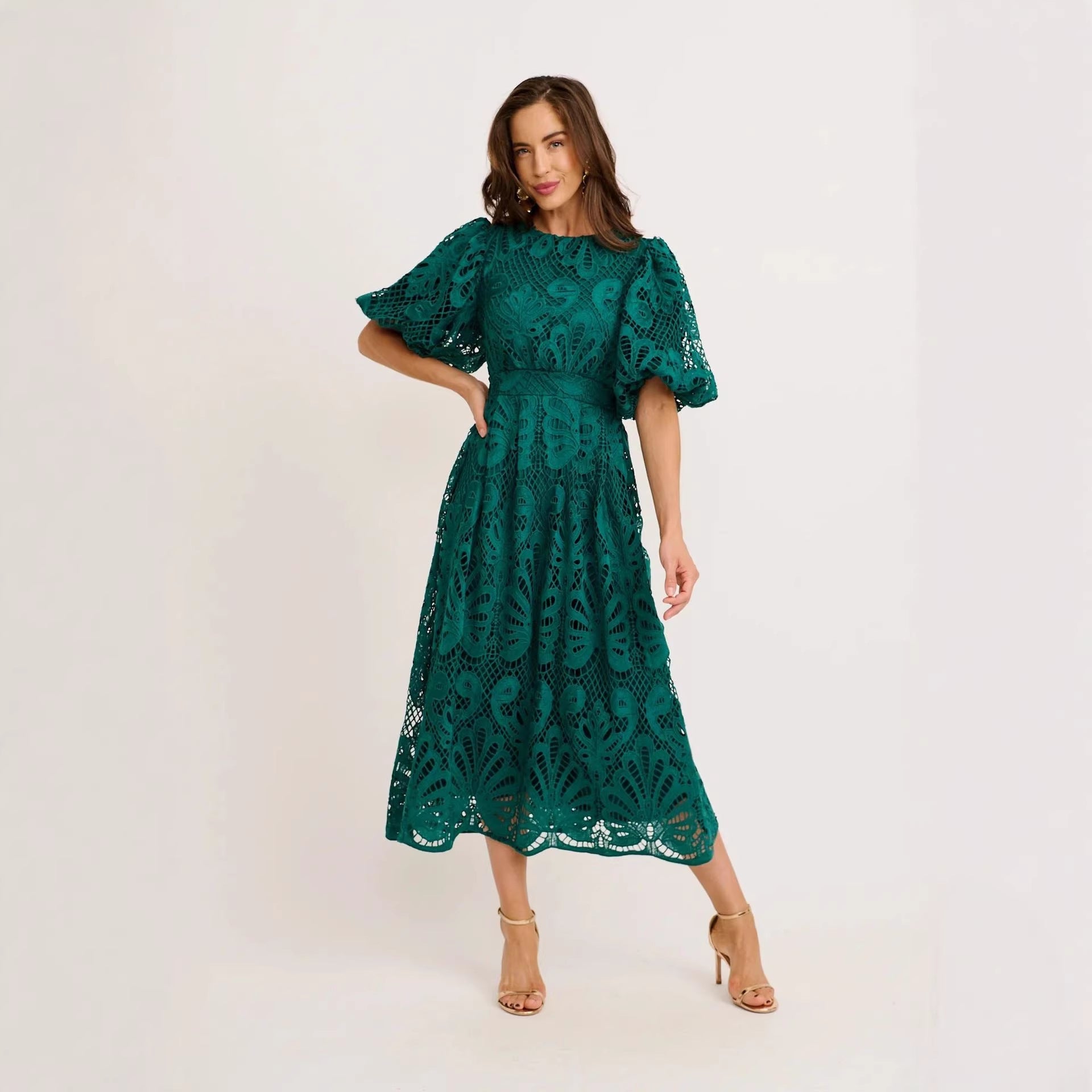 Puff Sleeve Large Swing Dress Dress Hollow Out Cutout out Stitching Water Soluble Lace Waist Solid Color Dress