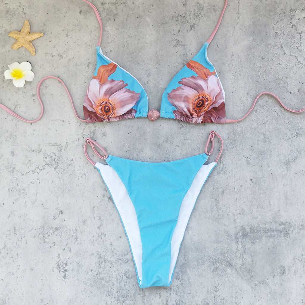 Floral Three Point Bikini Set Backless Ruched Split Swimsuit