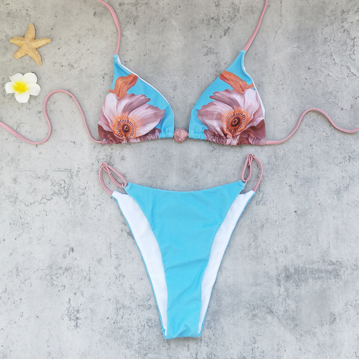 Floral Three Point Bikini Set Backless Ruched Split Swimsuit