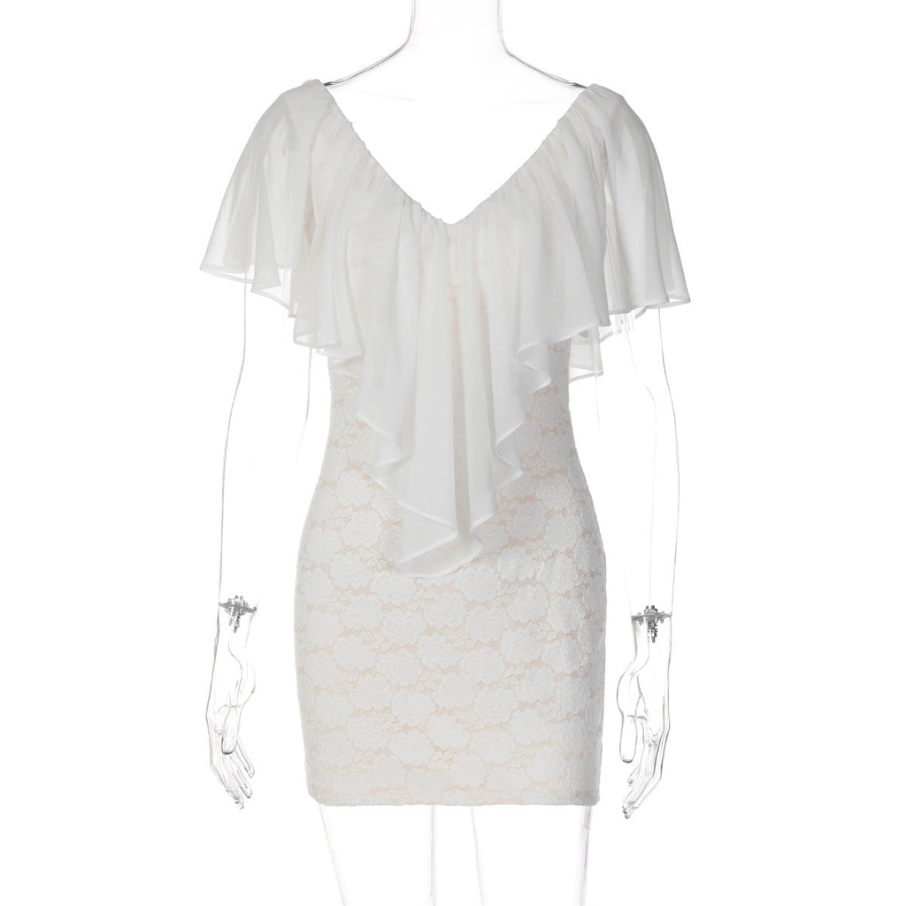 Women Clothing Autumn Slim Solid Color V neck Ruffled Sheath Dress