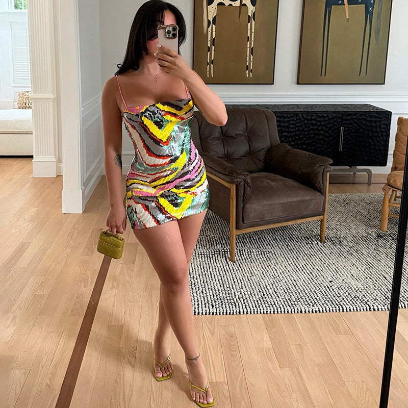 Summer Sexy Slim Fit Skinny Sequin Sling Sheath Dress