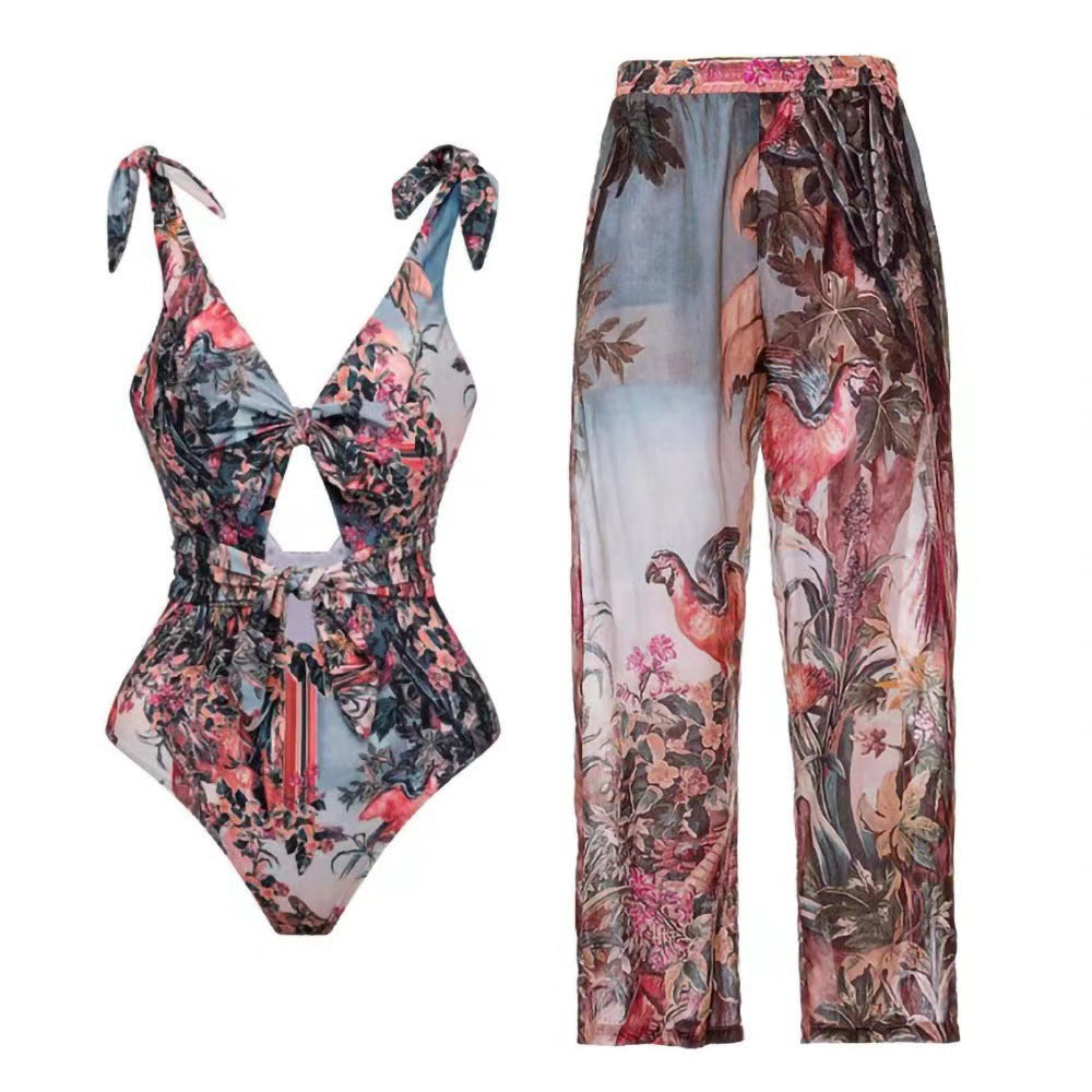 Spring One Piece Swimsuit Sexy Print Mesh High Waist Trousers Bikini