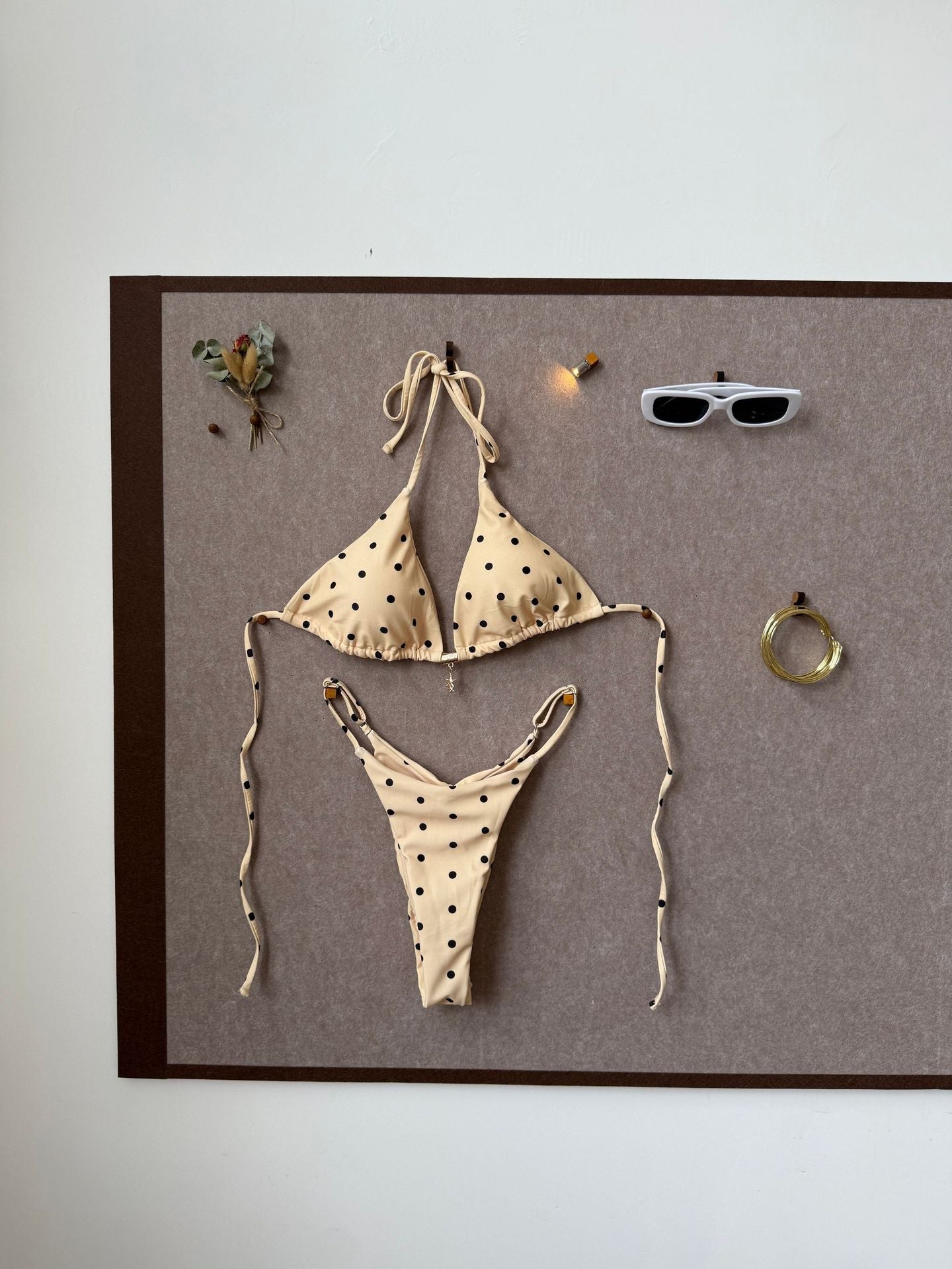 Polka Dot Halter Bikini with Color Splicing Detail