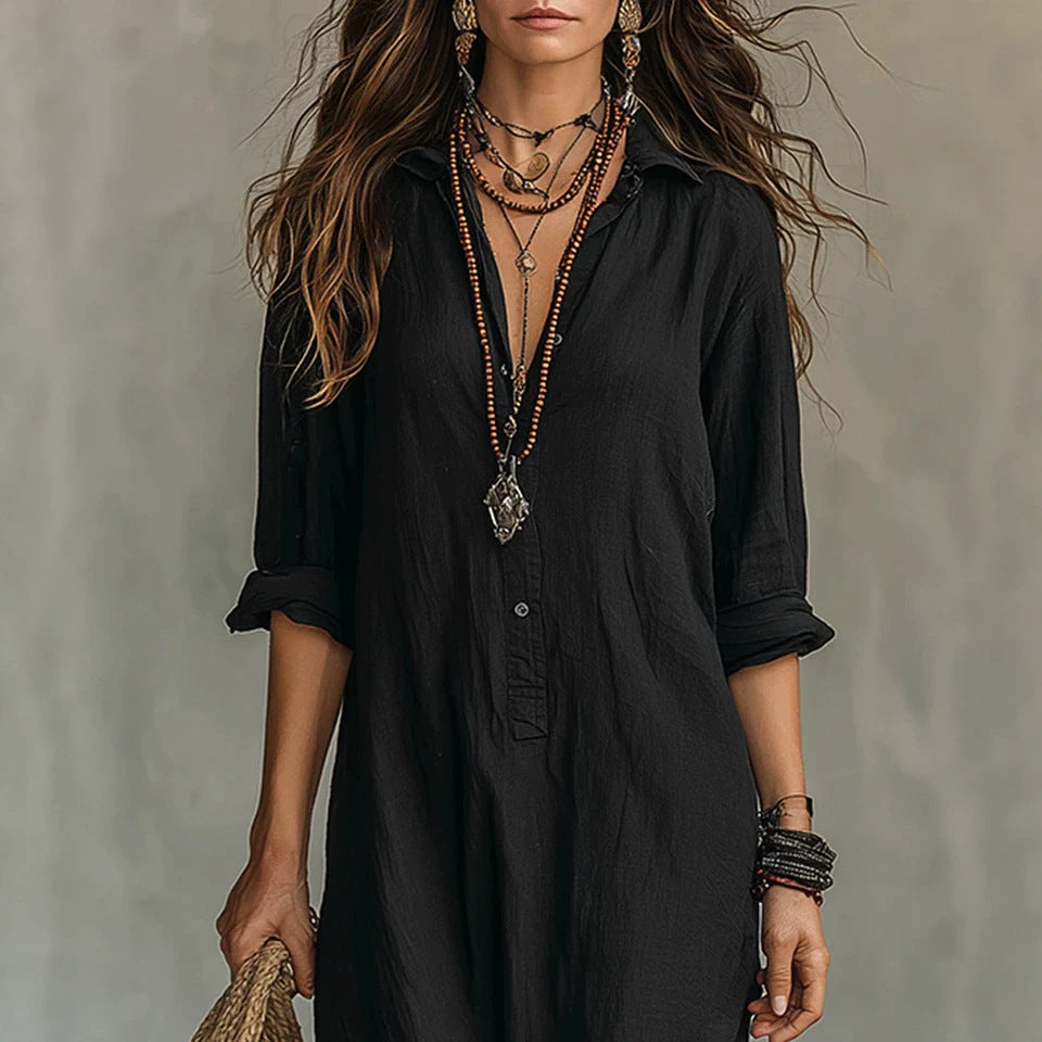 Women Elegant Button Collared Slit Elegant Dress
