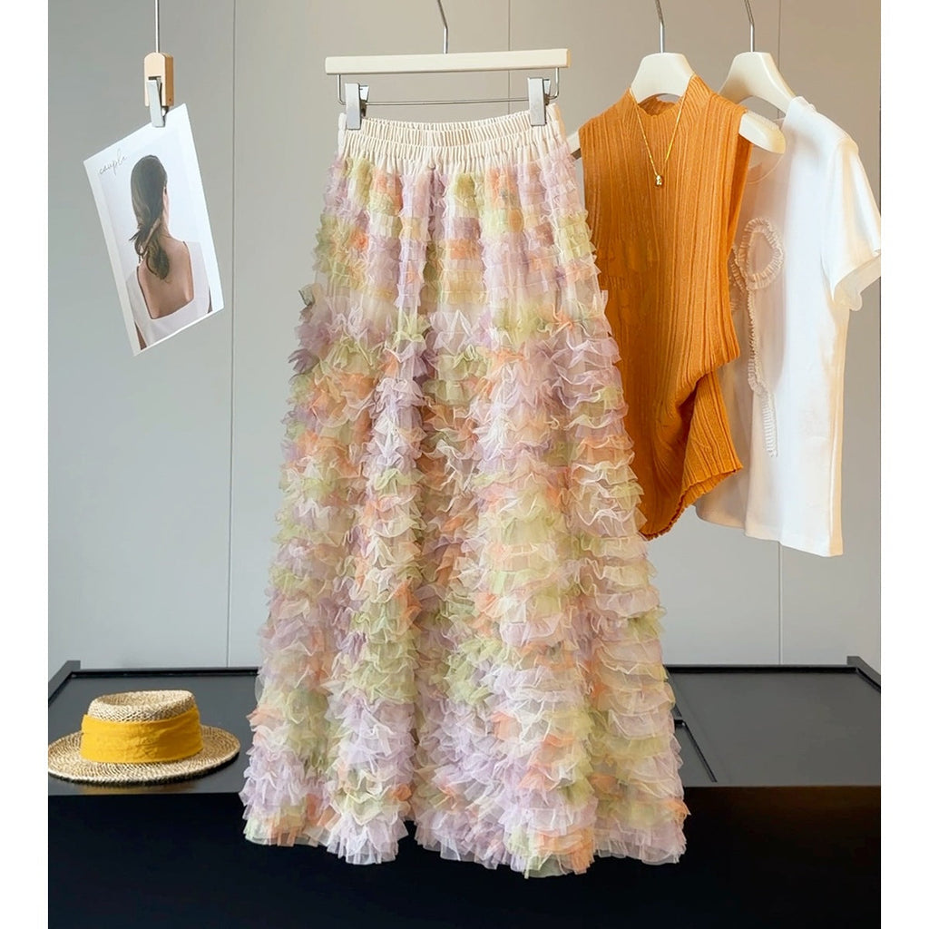 Heavy Industry High Grade Color Wooden Ear Mesh Bubble Skirt Women Summer A Shaped Age Reducing Princess Tiered