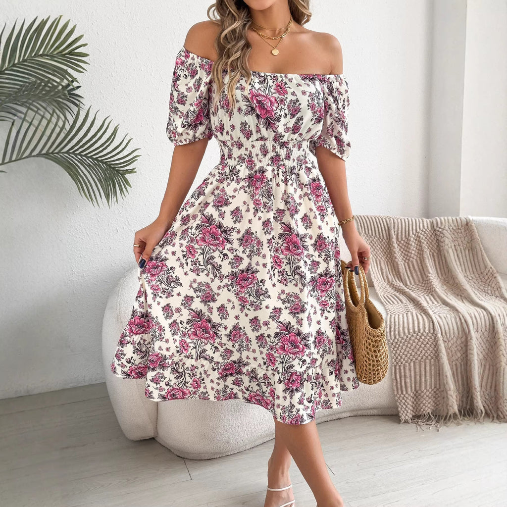 Spring Summer Off shoulder Short sleeved Floral Ruffled Vacation One piece Dress Independent Site Women Clothing