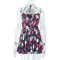 Fresh Women Printed Wear Pleated Waist Tight A line Halterneck off Shoulder Wrapped Chest Short Dress