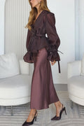 Spring Summer Lace up Shirt Women Satin Skirt Two Piece Sets Women
